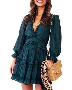 NEW V Neck Ruffle Long Sleeve Mini Dress L thumbnail 1