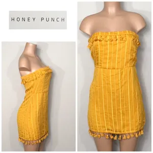 Honey punch gold strapless mini dress with tassels. New with tags thumbnail 15