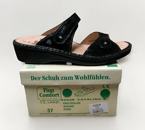 Finn Comfort 37D/6 Catalina Black Patent‎ Leather Soft Footbed Sandals EUC thumbnail 1