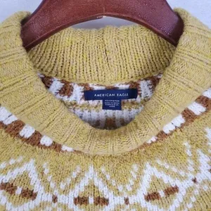 American Eagle Sweater XS Yellow Tan Fairisle Cropped Aztec High Crew Neck Soft thumbnail 4