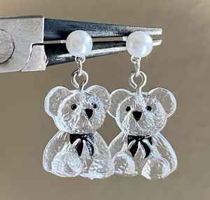 Handmade Antique retro Kawaii cute cottage style clear teddy bear dangle earrings🧸💠 thumbnail 3