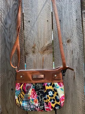 Lilly bloom Colorful Patchwork Crossbody Bag with Brown Trim thumbnail 1