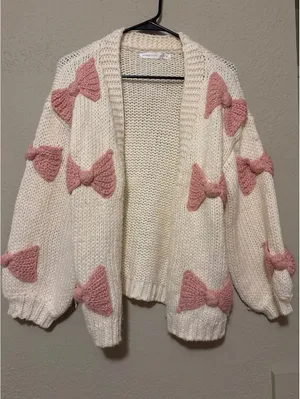 Altar'd State White Knit Cardigan with Pink Bow Accents XS thumbnail 1