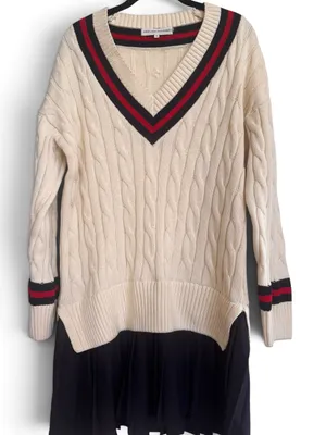 English Factory Cream Cable Knit V-Neck Sweater with Navy and Red Trim thumbnail 1