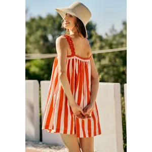 SO ME Stripe Cotton Scallop Side Pocket Lined Mini Dress Red - Small thumbnail 3