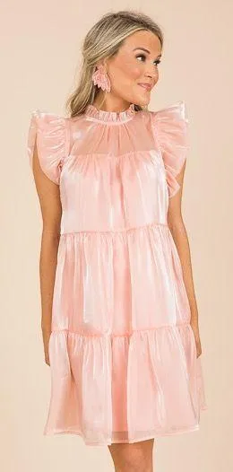 Entro Shimmery High Neck Ruffle Sleeve Dress thumbnail 1