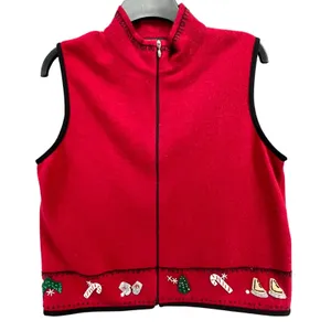 Woolrich Sweater Vest Womens Medium Red 100% Lambswool‎ Holiday Christmas Zip Up thumbnail 1