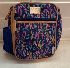 Navy Multicolor Printed Mini Crossbody Bag with Tan Trim thumbnail 1