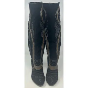 Mojo Moxy Black Suede Leather Mid Calf Tan Embroidered Decorative Panels Size 7W thumbnail 2