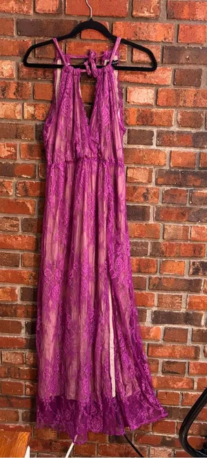 Strut & Bolt womens Marlowe lace halter maxi dress with nude lining magenta M thumbnail 1