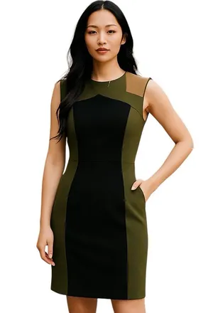Premise Colorblock Sheath Shift Career Office Black Tan Moss Green Dress 8 thumbnail 1
