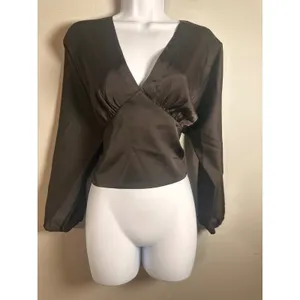 Banana‎ Republic Brown Satin Cropped Blousant-Sleeve Blouse Costa Coffee 10 FA23 thumbnail 2