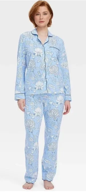 Roller Rabbit Women's Floral Vines Long Sleeves and Pants Pajama Set Blue Small thumbnail 1