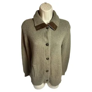 LRL Ralph Lauren Women Petite P Brown Cotton Knit Cardigan Suede Elbow Patches thumbnail 4