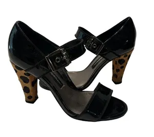 BEVERLY FELDMAN Black Patent Leather Animal Print Heels Size 6 thumbnail 1