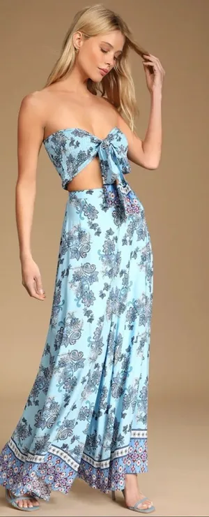 Lulus Women’s Strapless Matching Set Tube Top Bell Pants Blue Jumpsuit Medium thumbnail 1