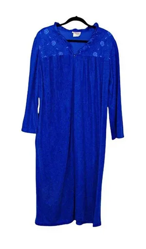 Vintage Womens 80s Basic Editions Intimates Front Zip Fleece Robe Blue Sz Medium thumbnail 1