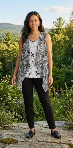 Simply Vera‎ Vera Wang Womens Size Large Tank Top Open Front Vest Black White thumbnail 1
