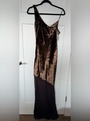 NWT Staud Beaton Draped Velvet Chiffon Dress - Dark Chocolate thumbnail 3