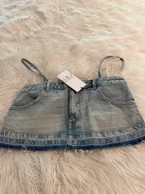 ZARA Light Blue Denim Mini Shirt with Straps size S brand new length 10” thumbnail 8