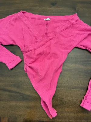 Intimately Free People Bodysuit Medium Hot Pink Long Sleeve Waffle Knit V-Neck thumbnail 1