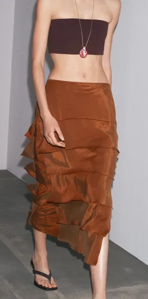 Zara NWT burnt orange rust Layered tiered Pencil Midi Skirt thumbnail 1