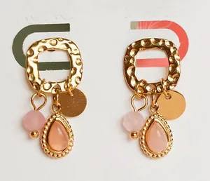 Gold Pink Quartz Dangle Earrings thumbnail 1