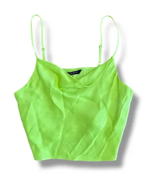 Zara NWT Satin Cropped Cowl‎ Neck Top Womens Size S Neon Green thumbnail 1