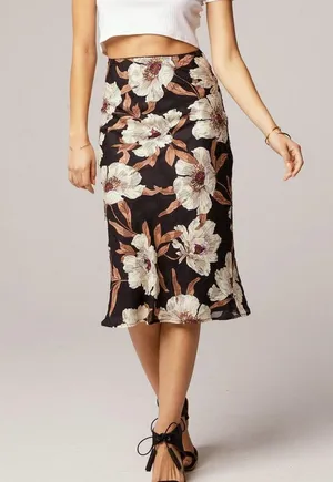 Band of Gypsies Collective Floral Print Midi Slip Skirt Rho Black Cream Size Large thumbnail 5