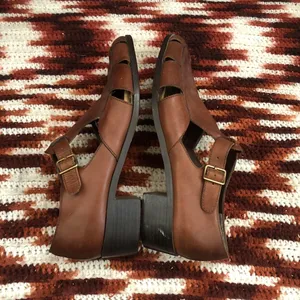 VTG Brown Leather woven Fisherman Pilgrim Sandals Maryjane loafers flats shoes #peasant #cottagecore #western #boho, #indie vintage Size 9 thumbnail 4