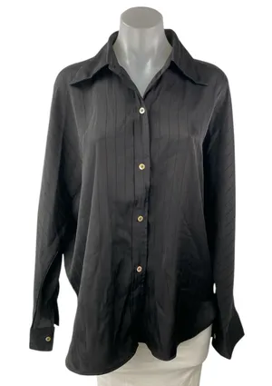 Commense Women's Black Silk Satin Striped Long Sleeve Button Down Shirt Top Sz S thumbnail 1