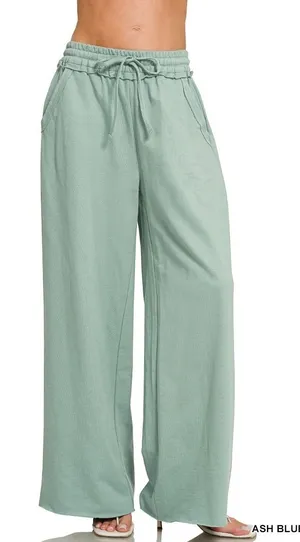 Zenana French Terry Wide Leg Sweatpants - Ash Blue - Large thumbnail 1