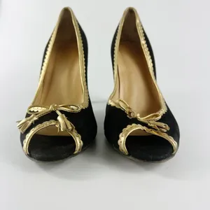 J. Crew Vintage Isabella Black Suede Gold Trim Peep Toe Heels Shoes Women 8.5 thumbnail 3