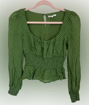 Reformation Hearth Green Dotted Smocked Blouse Size 4 thumbnail 1