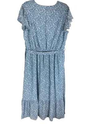 Manydress Blue Floral Midi Dress Flutter Sleeve Tie Waist Cottagecore Boho XL thumbnail 2