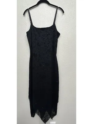 Vtg Black Velvet Burnout Midi Dress Medium Floral handkerchief hem Whimsigoth thumbnail 15