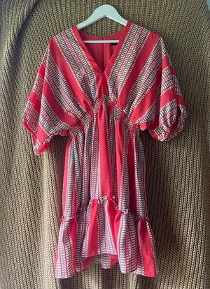 Red Striped V‑Neck Tiered Midi Dress thumbnail 1