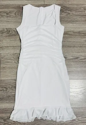 Fairy White Ruched Mesh Ruffle Hem Bodycon Lined Dress Square Neck Sleeveless‎ S thumbnail 1