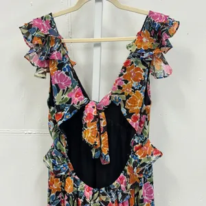 AQUA Floral‎ Metallic Ruffle Mini Dress Open Back Tie Multi Color Large Summer thumbnail 4