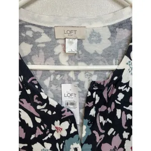 LOFT Navy Floral Button-Front Cardigan with Pink, Teal and White Blooms thumbnail 2