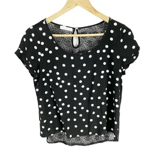 Promod Black Polka Dot Short Sleeved Shirt‎ Sz S Lace Open Back Cropped French thumbnail 1