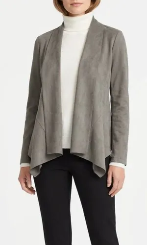 Bagatelle Gray Faux Suede Open Front Long Sleeve Drape Neck Jacket M thumbnail 1
