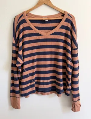 Aerie Wow Waffle Henley Long Sleeve Striped Top Size Medium Navy Tan Shirt thumbnail 1