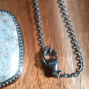 Ocean Fossil Jasper Inlay Frame Silvertone Pendant Stainless Steel Necklace thumbnail 3