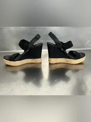 TORY BURCH Wedge Espadrille 2 Band Canvas & Leather Black Sandal- Size 7.5 - GUC thumbnail 2