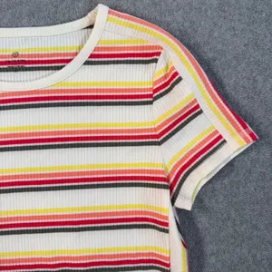 T by TALBOTS Women's M Striped Rib-Knit Short Sleeve T-Shirt Top White Red thumbnail 2