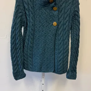 Carraig Donn Irish Merino Wool Cable Knit Cardigan Teal Blue XS Made in Ireland thumbnail 5