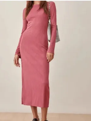 Reformation Women’s Benedict Long Sleeve Tie Back Ribbed Knit Midi Dress Rust thumbnail 3