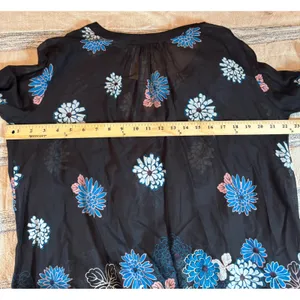 LOFT Floral Split Neck Tunic Top Black Blue Pink Cotton Rayon Size M NEW thumbnail 3