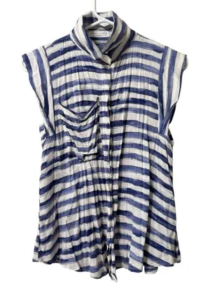 Humming Bird Women Size Measured Button Down Blouse‎ Short Sleeve Stripe Pocket thumbnail 1